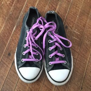 Converse black & purple floral lined kids boat shoes